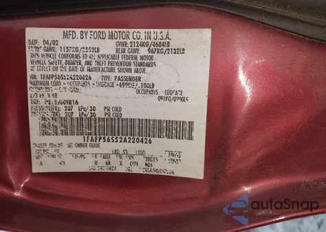 2002 Ford Taurus Sel z USA, uszkodzony, nr VIN 1FAFP56S52A220426